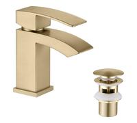 Friota Brushed Gold Bathroom Taps with Pop Up Waste, Anti Fingerprint Modern Deck Mounted 1 Hole Waterfall Basin Mixer Tap with G1/2” Water Hoses, Anti Peeling Single Lever Bathroom Sink Taps Gold
