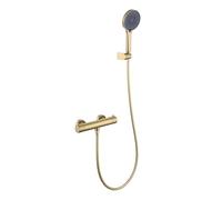 Friota Brushed Gold Thermostatic Shower Mixer Set Combi Safety Lock Button | 38°C Anti Scald Exposed Durable Shower Mixer Bar, Wall Mounted Temperature Control Bath Shower Mixer with Hand Shower Set