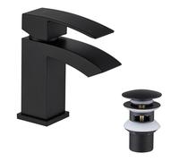 Friota Matte Black Basin Mixer Tap with Pop Up Basin Bress Waste, Anti Peeling Single Lever Waterfall Bathroom Sink Taps with UK Standard Hose, Anti Fingerprint 1 Hole Modern Deck Mounted Bathroom Tap