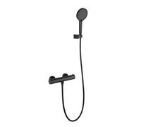 Friota Matte Black Thermostatic Shower Mixer Combi, Anti Scald 38°C Constant Temperature Control Shower Mixer Bar, Safety Lock Button Exposed Wall Mounted Bath Shower Mixer Taps with Hand Shower Set