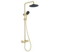 Friota Thermostatic Shower Mixer Brushed Gold Shower Mixer 38° C Anti Scald with Adjustable Height Exposed Shower Riser Rail, 250mm Round Rainfall Shower Head and Handheld Shower Head