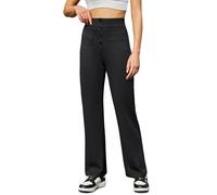 Friptspyg Women's High Waist Casual Trousers Stretch Trousers with Button Straight Yoga Trousers with Pockets Elastic Trousers Women's Wide Leg for Movement and Work, black, XS