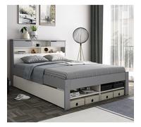 frisco wooden king size bed with shelves in grey and white