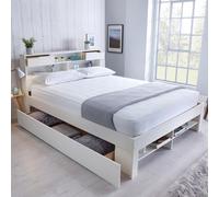 frisco wooden king size bed with shelves in white
