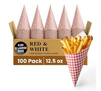 Friteshop Red & White Check Paper Cones K-20 X Large 12.5 oz - Disposable, Grease Absorbing - Full Portion French Fries Holder, Takeaway Food Packaging - Durable European Made Snack Holder - 100 Count