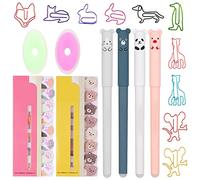 FRIUSATE 18 Pcs Animal Stationery Set Cute Stationary For Girls | 4x 0.35mm Cute Cat Erasable Pens, 10x Animals Paperclips, 2x Erasers, 2x Sticky Pages Markers, Girls Gift, Kawaii Stationery