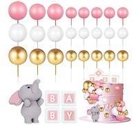 FRIUSATE 26Pcs Elephant Cake Decoration Mini Balls Cake Topper BABY Letter Cupcake Toppers Pink Gold White Foam Balloon Pearl Ball for Baby Shower Boy Elephant Theme Birthday Party Supplies(Pink)