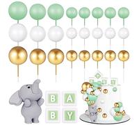 FRIUSATE 26Pcs Elephant Cake Decoration Mini Balls Cake Topper Green BABY Letter Cupcake Toppers Green Gold White Foam Balloon Pearl Ball for Baby Shower Boy Elephant Theme Birthday Party Supplies