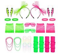 FRIUSATE 32 Pcs 80s Fancy Dress for Women, Neon Pink & Green 80s Accessories with Leg Warmers Lace Bow Headband Necklaces Bracelet Fishnet Gloves, Neon Accessories for Women & Kids Retro Parties