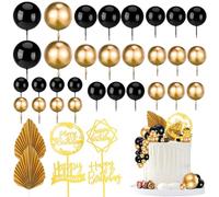FRIUSATE 36 PCS Black Gold Cake Decorations Set with Foam Balls, Palm Leaves & Flags Toppers for Birthday Wedding Anniversary Party Supplies