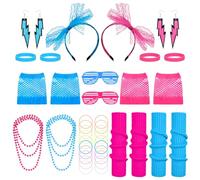 FRIUSATE 42 Pcs 80s Fancy Dress for Women, 80s Accessories with Leg Warmers Lace Bow Headband Necklaces Bracelet Fishnet Gloves, Neon Accessories for Women & Kids Retro Parties