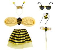 FRIUSATE 6 Pcs Bee Costumes for Kids, Bumblebee Fancy Dress Girls Dress up Costume with Wings Headband Wand Skirt Glasses for 2-5 Years Old, Halloween Christmas Party Cosplay Favors Stage Performance