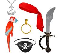 FRIUSATE 6Pcs Pirate Costume Accessories Set, Kids Captain Costume | Includes Eye Patch, Bandana, Earrings, Necklace, Sword, Inflatable Parrot, Pirate Outfit, World Book Day, Halloween