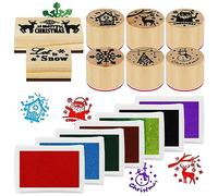 FRIUSATE 8Pcs Christmas Wooden Stamp with 7Pcs Ink Pad,Christmas Stamps Set Wooden Rubber Stamp for Xmas DIY Painting Scrapbooks Party Decoration