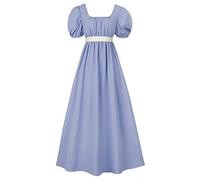 FRIUSATE Regency Dress, Jane Austen Regency Dress with Satin Sash, Victorian Empire Waist Ruffled Puff Sleeve Long Dress for Parties Ball Gown(S Light Blue)