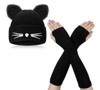 FRIUSATE Women's Cat ERAS Crochet Knitted Winter Warm Ski Slouchy Beanie Hat with Long Fingerless Gloves Black