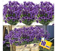 FRLONE 10 Bundles Artificial Flowers Outdoor UV Resistant Plastic Plant Silk Flower, Faux Fake Flower Greenery Shrub Plant Indoor Outdoor Hanging Planter Home Garden Porch Window Box Decor (Purple)