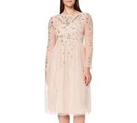 Frock and Frill Women's Gala Long Sleeve Embellished Midi Party Dress, Orange (Bisque Peach), 8 (Size:UK 8)
