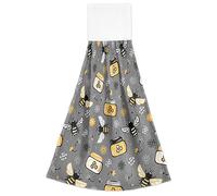FRODOTGV 2 Pack Hand Towel with Button Loop Easter Dish Towels, Floral Doodle Honey Jar Bees Flowers Grey Yellow Hand Washcloth