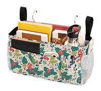 FRODOTGV Bedside Caddy Christmas Holly Berries Storage Bags Pocket with Fixed Straps and Water Bottle Holder for Bunk and Hospital Beds, Dorm Rooms Bed Rails