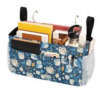 FRODOTGV Bedside Storage Basket with Big Pockets And Bottle Holder Hanging Organizer Bags for Bedroom, Loft, Tent, Curtain, Bunk bed Shelf Accessories Owl Blue