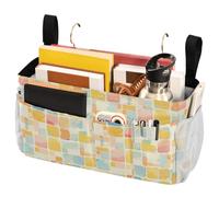 FRODOTGV Bedside Table Caddy Retro Checker Board Groovy Flower Hanging Organizer with Fixed Straps and Water Bottle Holder for College Dorm Bed, Bunk and Hospital Beds
