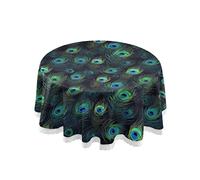 FRODOTGV Blue Green Peacock Feather Circular Table Cloth Printed Lace Tablecloth for Home Decor Picnic Kitchen Table, 60 Inch