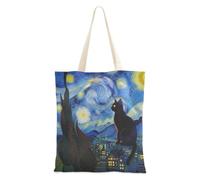 FRODOTGV Cat Night Large Capacity Tote Bag | Polyester Canvas Tote Bag with Magnetic Snap Closure