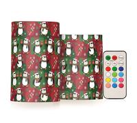FRODOTGV Christmas Green and Red Penguin Pattern Set of 2 Fake Pillar Candle for Wedding Party Holiday Decor, Battery Operated with Remote and Timers