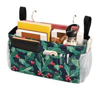 FRODOTGV Christmas Holly Leaves Bedside Caddy Storage Bag with Big Pockets And Bottle Holder Hanging Organizer for Bunk Dorm Rooms and Hospital Bed Rails