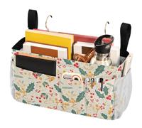 FRODOTGV Christmas Holly Leaves Bedside Storage Caddy Hanging Organizer Bags with Big Pockets And Bottle Holder for Dorm, Bunk, Loft, Hospital Bed