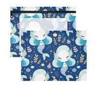 FRODOTGV Fairy-tale Mermaids Blue Binder pencil poucheses Clear Window 3-Holes Pocket for A4 Paper Letter 2 Pack Students Home Supplies