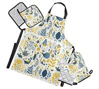 FRODOTGV Fresh Yellow Blue Green Theme Plant 5 Piece Kitchen Decor Apron Waterproof with Pot Holders and Oven Mitts Set Heat Resistant, Fresh Yellow Blue Green Theme Plant, One size