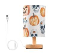 FRODOTGV Halloween Pattern with Pumpkins and Skulls Wood Table Lamp Linen Fabric Lights with Round Fabric Shade for Bedroom Living Room
