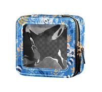 FRODOTGV Polka Dots and Tender Chamomile Flowers Leather Clear Makeup Bag Toiletry with Zipper Cosmetic Organizer for Girls Women, Lemurs Madagascar on Blue Pattern, One Size
