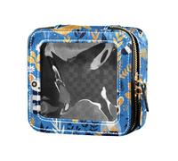 FRODOTGV Stripes Tiny Dots Minimalist Leather Clear Makeup Bag for Purse Travel Bags for Toiletries Cosmetic Containers for Girls Women, Lemurs Madagascar on Blue Pattern, One Size