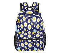 FRODOTGV Travel Rucksack 1 Main 2 Side 1 Front Zip & 4 Inner Pockets Peach Skin Inner Lining for Kids Teens Ages 7-18 Short Day Trips Dark Blue Bee Daisy Size Medium