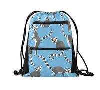 FRODOTGV Waterproof String Back Bag with Mesh Pockets for Kids Drawstring Beach Bag Dance Swim Lemurs Madagascar on Blue Pattern