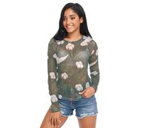 FRODOTGV Women's See Through Shirts Long Sleeve Casual Mesh T Shirt Christmas Dark Green White Dove Holly XXL