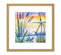 Frog and Bulrushes Pond Wildlife at Sunrise Sunset Oil Painting Square Wooden Framed Wall Art Print Picture 8X8 Inch Artery8 Light Oak One Size