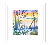 Frog and Bulrushes Pond Wildlife at Sunrise Sunset Oil Painting Square Wooden Framed Wall Art Print Picture 8X8 Inch Artery8 White One Size