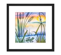 Frog and Bulrushes Pond Wildlife at Sunrise Sunset Oil Painting Square Wooden Framed Wall Art Print Picture 8X8 Inch Artery8 Black One Size