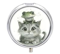 Frog and Cat Pill Box 3 Compartment Travel Pill Organizer 3 Times A Day Cute Mini Pill Case for Purse & Pocket Portable Metal Medicine Box with Mirror Round Daily Medicine Vitamin Container
