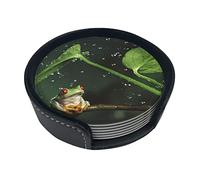 Frog And Rain Coasters For Drinks, 6 Pcs Leather Coaster With Holder, Round Cup Mat Pad Set For Home Office Table Decoration