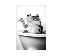 Frog Brushing Teeth, Funny Bathroom Wall Art, Cute Laundry Room Decor, Animals in Bathroom, Retro Frog Humor Print, Ai Art-1