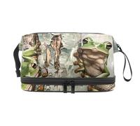 Frog Climb on Tree Double Layer Cosmetic Bag for Women and Girls, Travel Toiletry Bag Makeup Handy Pouch Organiser Bag with Brush Compartment