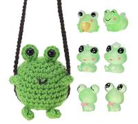 Frog Crochet Cute Car Mirror Hanging Accessories Frogs Cars Decorations with 6 Pcs Mini Resin Luminous Frogs Green Crochet Animal Ornaments for Car Interior