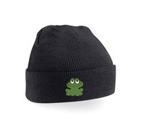 Frog Embroidery Beanie Hat for Adults | Cute Toad Winter Knit Cap Unisex Gift Black