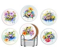 Frog Gifts, Ceramic Coaster, Set of 6, with Gift Box, Absorbent with Cork Base, Home Decor for Family, Housewarming, Thanksgiving, Birthday and Christmas