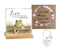 Frog Gifts for Women - 3-in-1 Frog Lover Gift Set with Pink Zebra Jasper Wristlet Keychain Accessory, Acrylic Desk Plaque Decor & Heart Keyring - Just A Girl Who Loves Frogs Birthday Present for Her